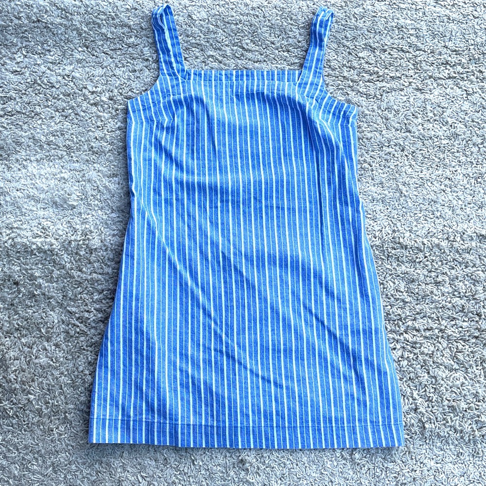 Womens Mini Dress S Linen Blend Blue Vertical Stripe Strappy Sleeveless Coastal
